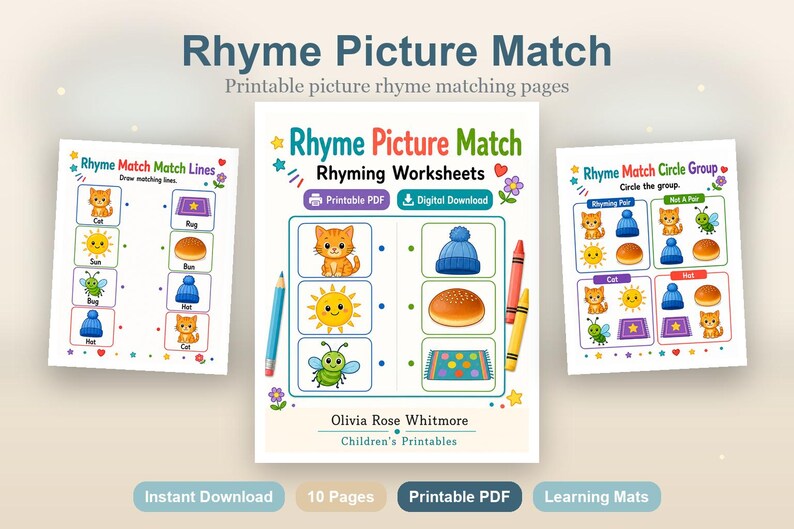 Rhyme Picture Match | Rhyming Worksheets | Printable PDF | Digital Download image 2
