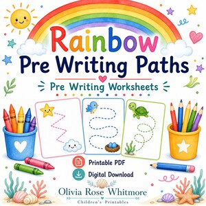 Rainbow Pre Writing Paths | Pre Writing Worksheets | Printable PDF | Digital Download image 1