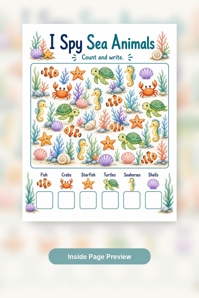 Coral I Spy Count / Schede di lavoro I Spy / PDF stampabile / Download digitale immagine 9
