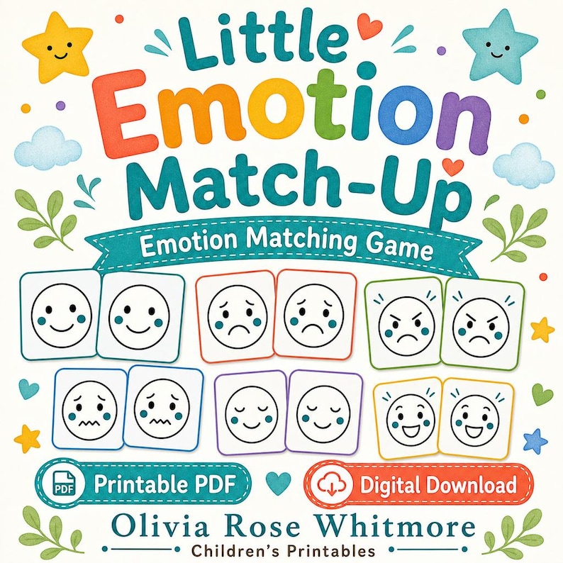 Little Emotion Match-Up | Gra w dopasowywanie emocji | Wersja PDF do druku | Pobieranie cyfrowe zdjęcie 1