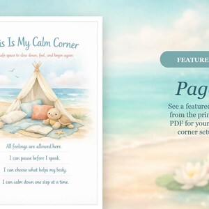 Może przedstawiać: Akwarelowa ilustracja ustawienia spokojnego kącika na plaży. Obraz przedstawia tipi, poduszki, pluszowego ż&oacute;łwia i tekst "This Is My Calm Corner". Strona jest oznaczona jako "Strona 3".