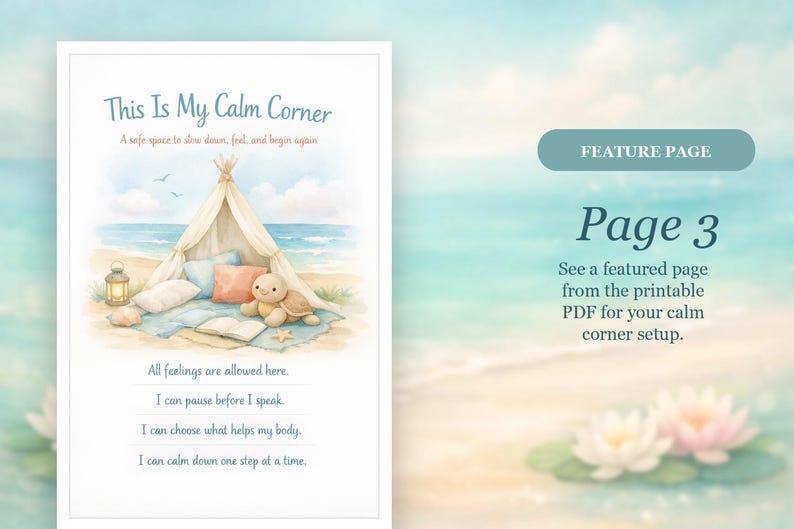 Może przedstawiać: Akwarelowa ilustracja ustawienia spokojnego kącika na plaży. Obraz przedstawia tipi, poduszki, pluszowego ż&oacute;łwia i tekst "This Is My Calm Corner". Strona jest oznaczona jako "Strona 3".