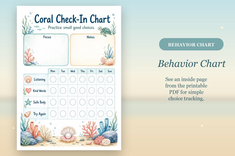 Tabla de registro/comportamiento para niños de Coral Cove / PDF imprimible / Descarga digital imagen 6