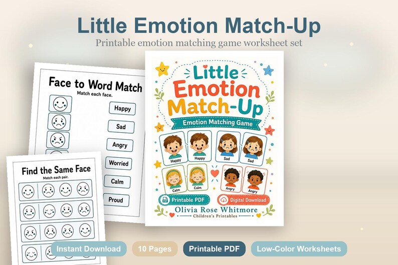 Little Emotion Match-Up | Gra w dopasowywanie emocji | Wersja PDF do druku | Pobieranie cyfrowe zdjęcie 2