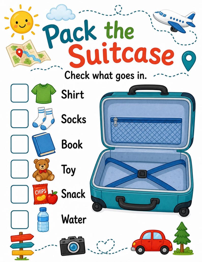 Pagine di attività a tema valigia / Attività di viaggio per bambini / PDF stampabile / Download digitale immagine 4