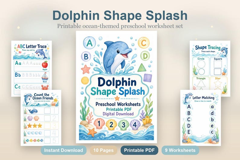 Dolphin Shape Splash | Preschool Worksheets | Printable PDF | Digital Download image 2