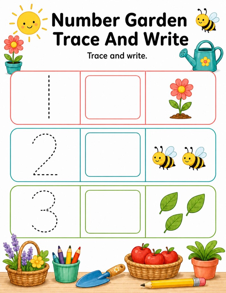Sunny Number Garden | Preschool Math Worksheets | Printable PDF | Digital Download image 4