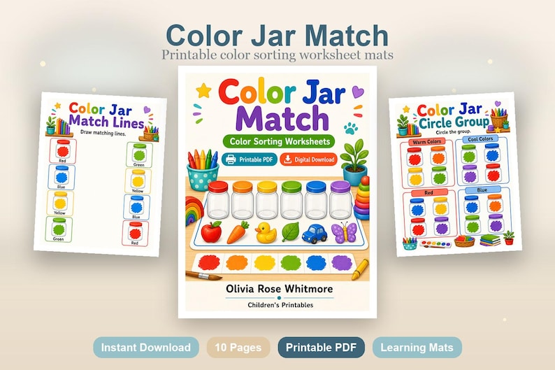 Match Color Jar | Werkbladen voor kleursortering | Afdrukbare pdf | Digitale download afbeelding 2