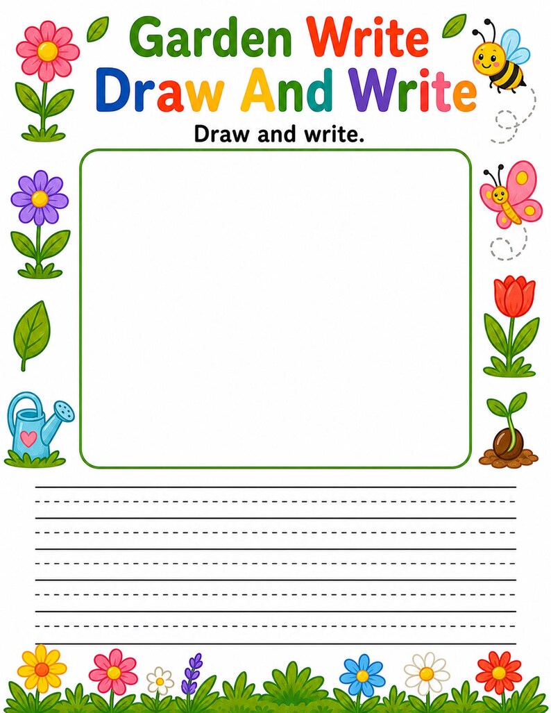 Jardim para Desenhar e Escrever | Folhas de Atividades para Desenhar e Escrever | PDF para Imprimir | Download Digital imagem 5