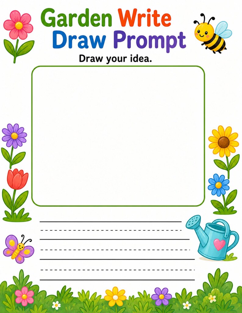 Jardim para Desenhar e Escrever | Folhas de Atividades para Desenhar e Escrever | PDF para Imprimir | Download Digital imagem 3