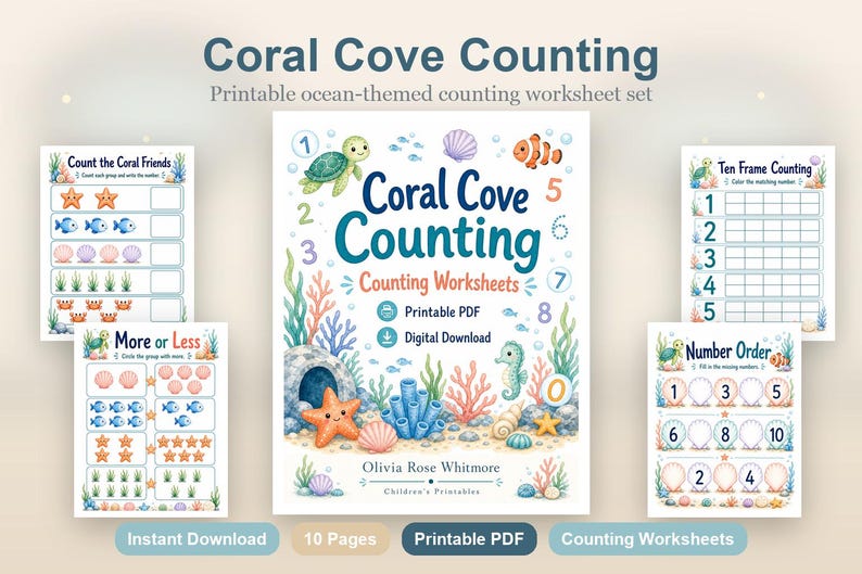 Coral Cove Counting | Werkbladen tellen | Afdrukbare pdf | Digitale download afbeelding 2