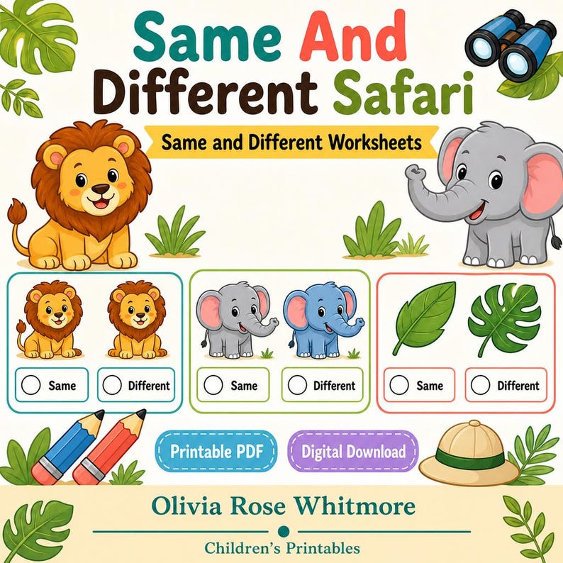 Same And Different Safari | Same and Different Worksheets | Printable PDF | Digital Download image 1