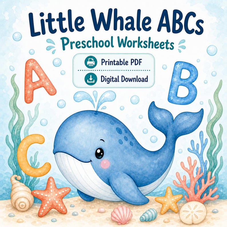 Little Whale ABCs | Preschool Worksheets | Printable PDF | Digital Download image 1