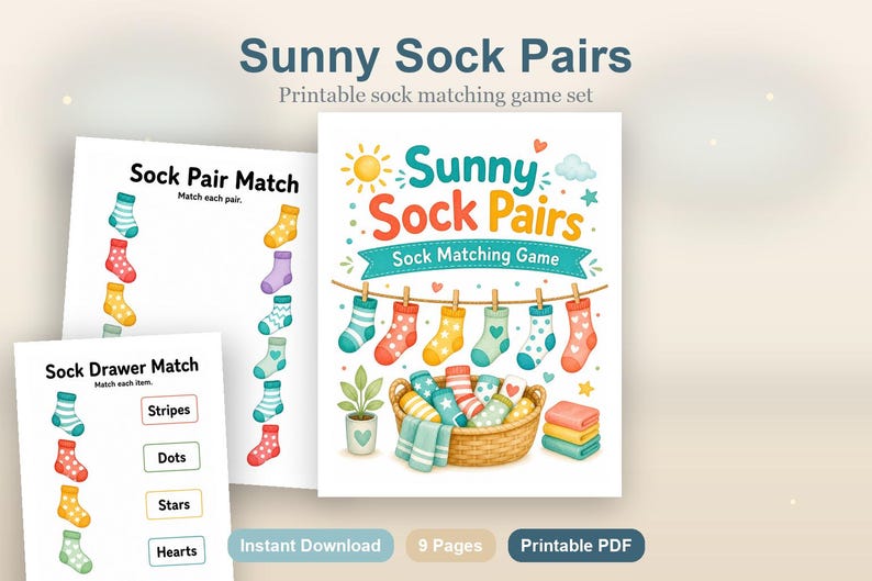 Sonnige Sockenpaare | Socken-Matching-Spiel | Druckbare PDF | Digitaler Download Bild 2
