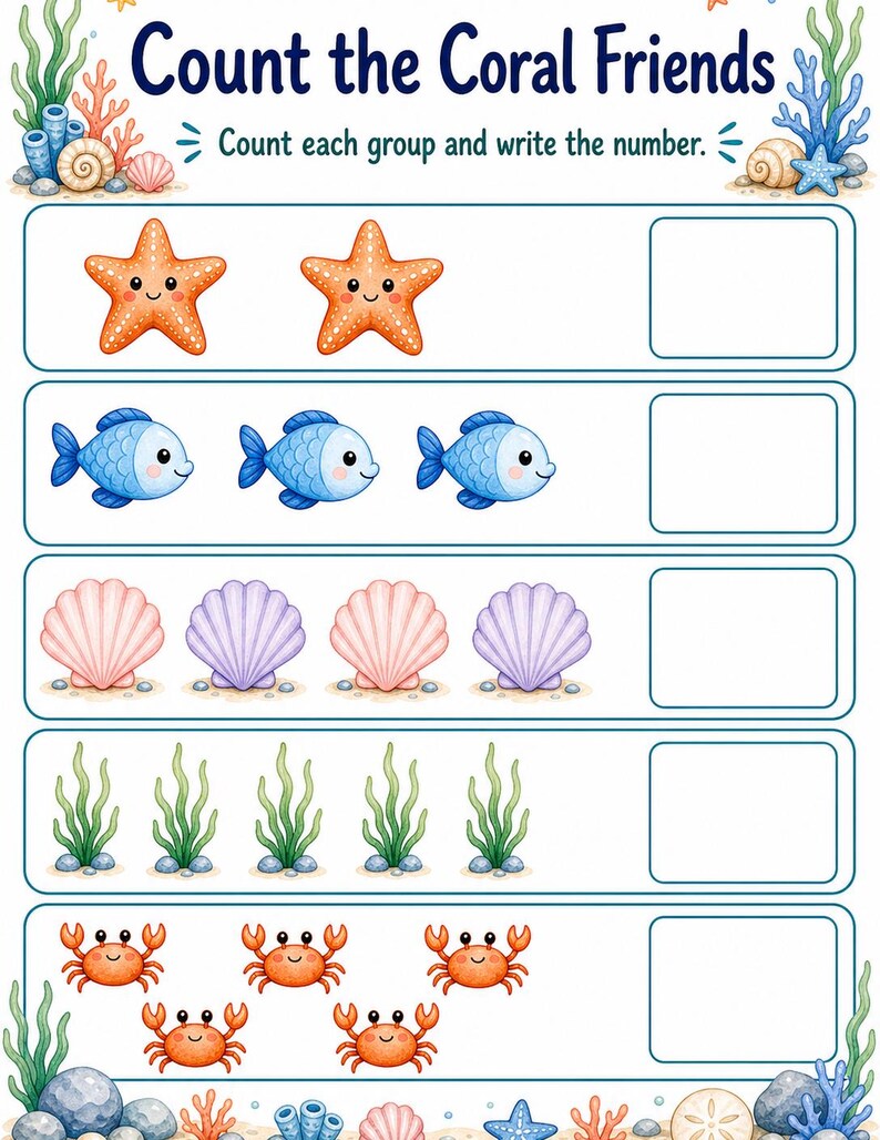 Coral Cove Counting | Werkbladen tellen | Afdrukbare pdf | Digitale download afbeelding 3