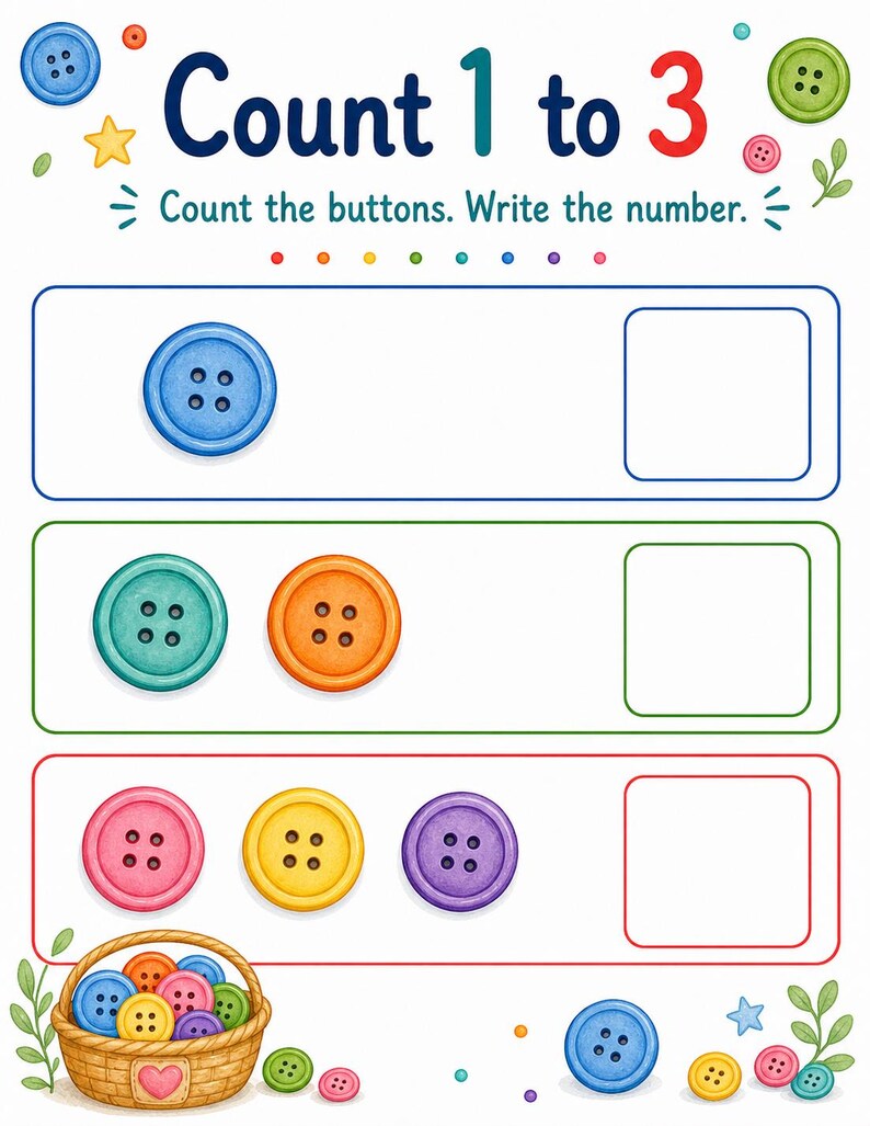 Button Zählen Korb | Zählen Arbeitsblätter | Druckbare PDF | Digitaler Download Bild 3