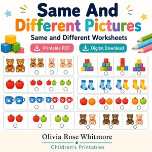 May include: A printable educational worksheet titled Same And Different Pictures featuring rows of colorful illustrations including teddy bears, apples, blocks, socks, mugs, and oranges. The page includes checkboxes for children to identify matching items.
