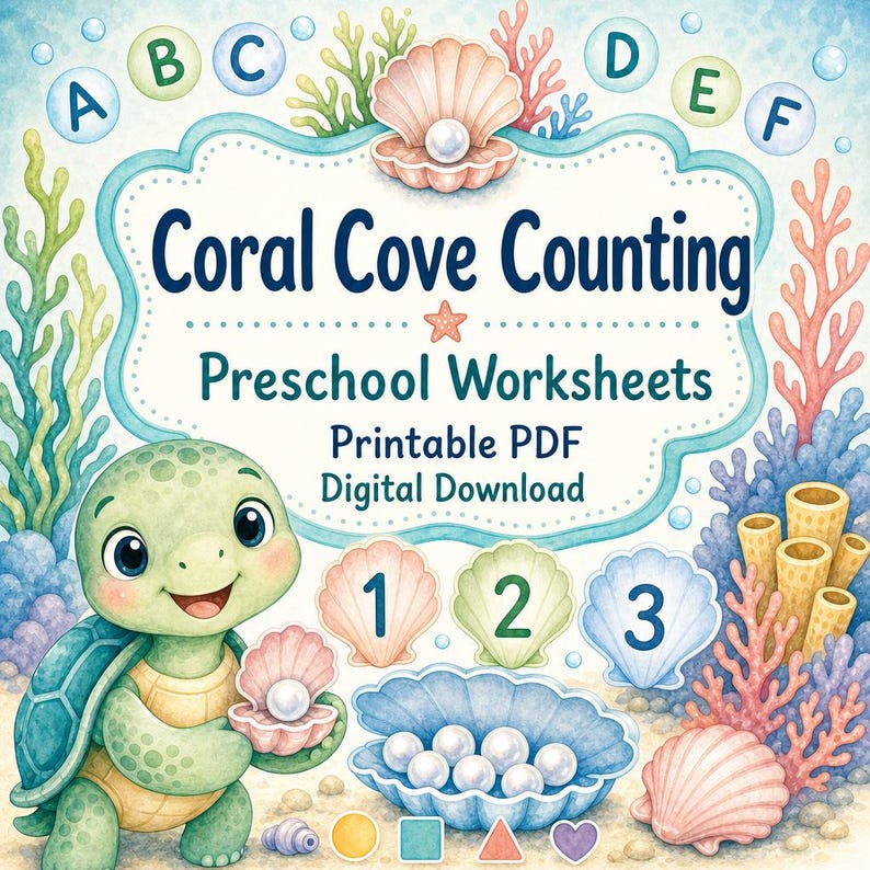 Coral Cove Counting | Preschool Worksheets | Printable PDF | Digital Download image 1