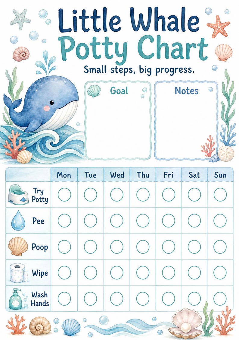 The Little Whale Steps | Tabel zindelijkheidstraining | Afdrukbare pdf | Digitale download afbeelding 3