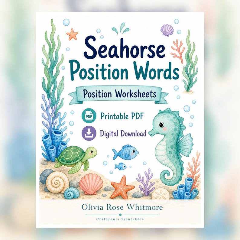 Seahorse Position Words | Position Worksheets | Printable PDF | Digital Download image 1