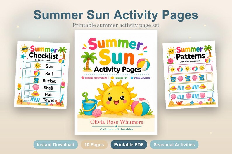 Pages d'activités au soleil d'été | Feuilles d'activités estivales | PDF imprimable | Téléchargement numérique image 2