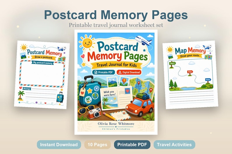 Postcard Memory Pages | Travel Journal for Kids | Printable PDF | Digital Download image 2