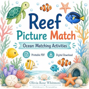 サンゴ礁の絵合わせ | 海洋生物のマッチングアクティビティ | 印刷可能なPDF | デジタルダウンロード 画像 1