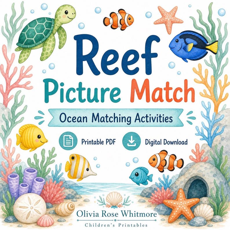 サンゴ礁の絵合わせ | 海洋生物のマッチングアクティビティ | 印刷可能なPDF | デジタルダウンロード 画像 1