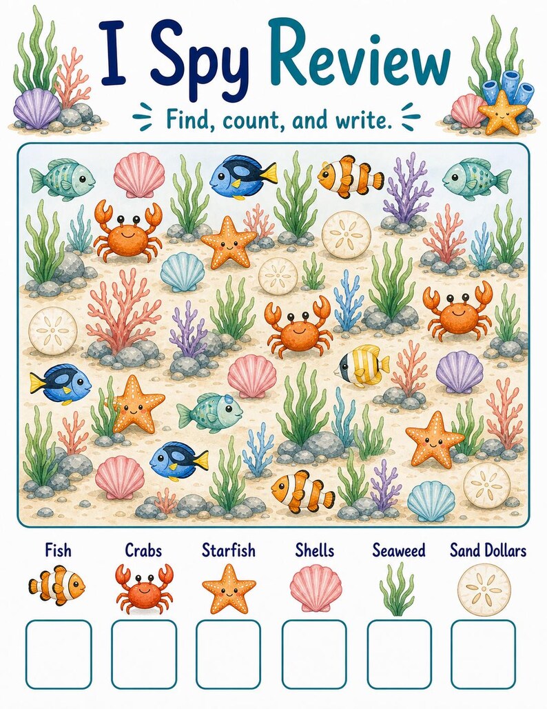 Coral I Spy Count / Schede di lavoro I Spy / PDF stampabile / Download digitale immagine 7