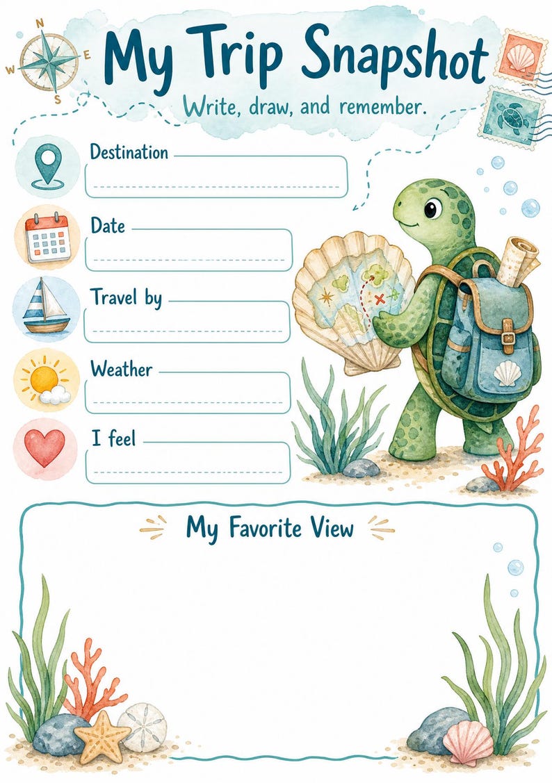 Turtle Travel Trail | kids travel journal | Printable PDF | Digital Download image 3