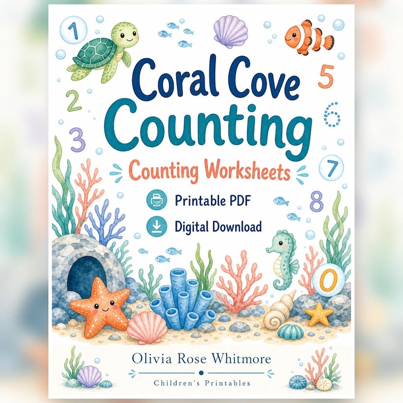 Coral Cove Counting | Werkbladen tellen | Afdrukbare pdf | Digitale download afbeelding 1