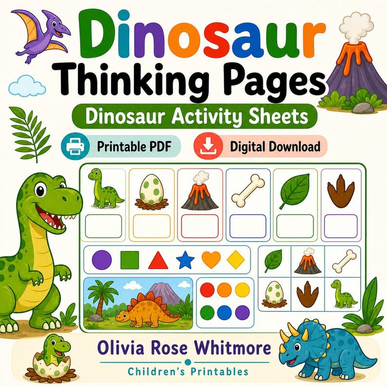 Dinosaur Thinking Pages | Dinosaur Activity Sheets | Printable PDF | Digital Download image 1
