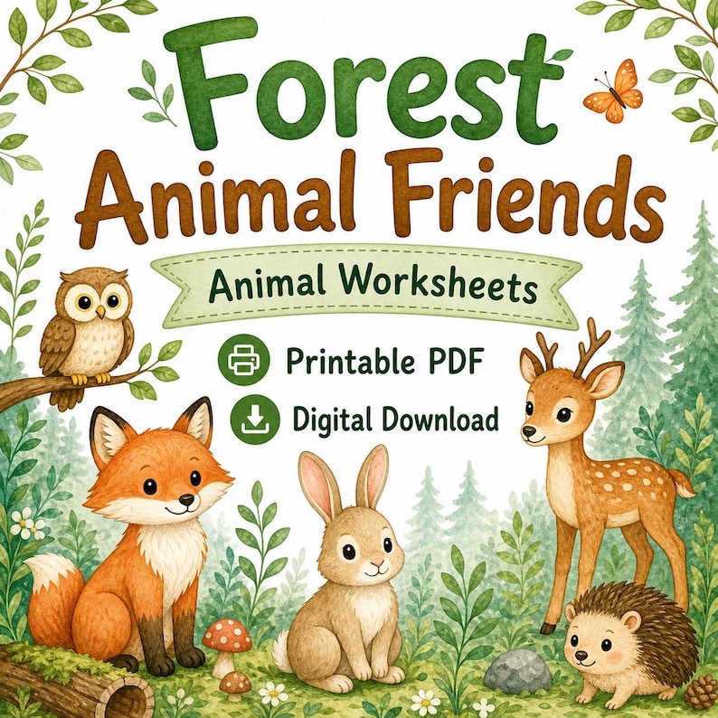 Amis des animaux de la forêt | Feuilles de travail sur les animaux | PDF imprimable | Téléchargement numérique image 1