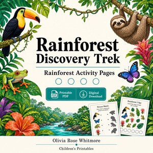 May include: A digital activity page set titled Rainforest Discovery Trek featuring illustrations of a toucan, a sloth, a green frog, and a blue butterfly. The design includes two sample activity sheets, one for picture matching and one for I Spy.