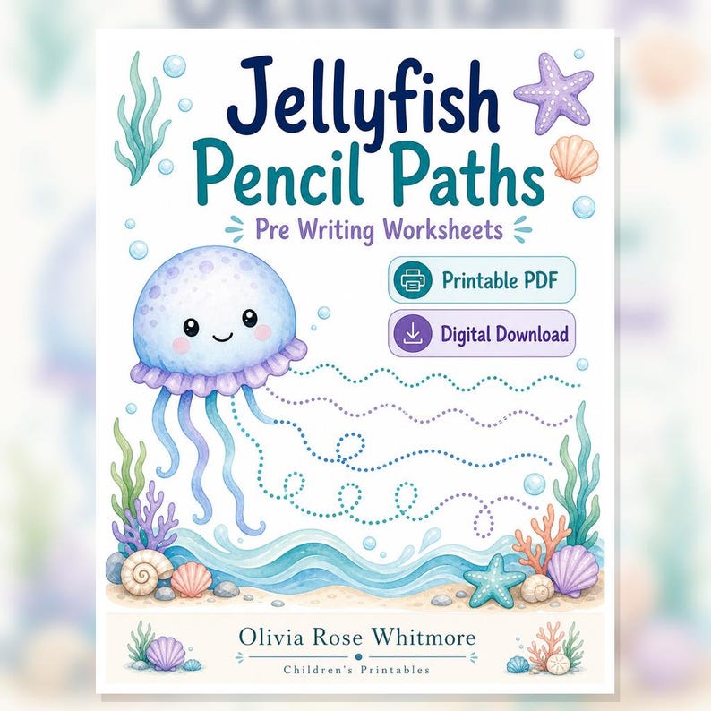 Jellyfish Pencil Paths | Pre Writing Worksheets | Printable PDF | Digital Download image 1