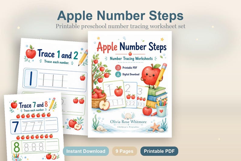 Apple Number Steps | Number Tracing Worksheets | Printable PDF | Digital Download image 2