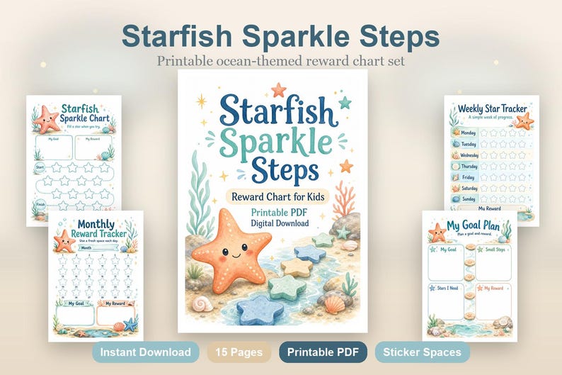 Tabla de recompensas Starfish Sparkle Steps para niños / PDF imprimible / Descarga digital imagen 2