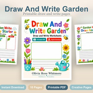 Jardim para Desenhar e Escrever | Folhas de Atividades para Desenhar e Escrever | PDF para Imprimir | Download Digital imagem 2