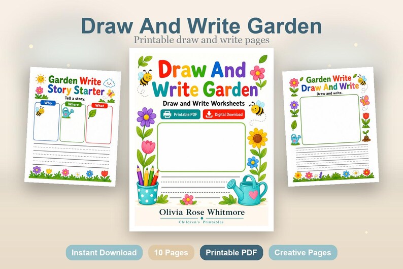 Jardim para Desenhar e Escrever | Folhas de Atividades para Desenhar e Escrever | PDF para Imprimir | Download Digital imagem 2