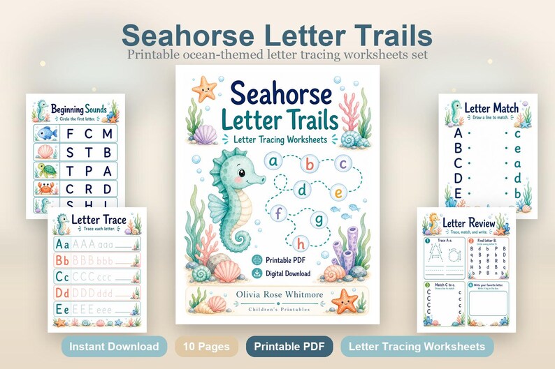 Seahorse Letter Trails | Letter Tracing Worksheets | Printable PDF | Digital Download image 2