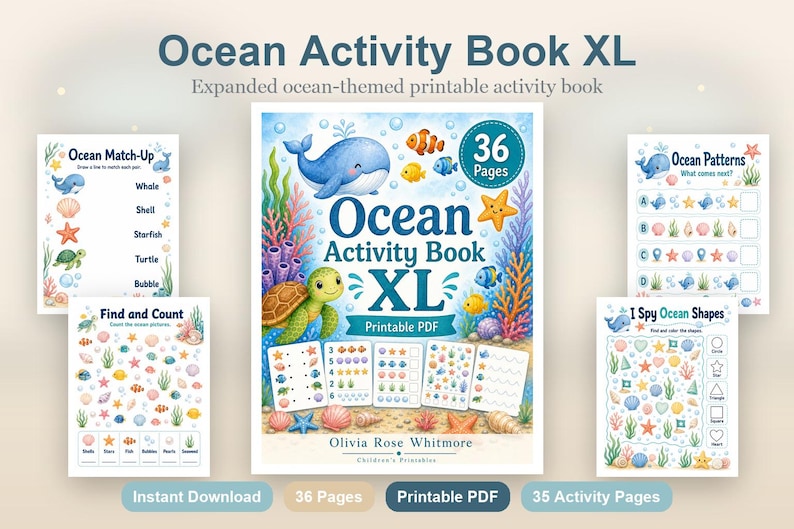 海の生き物アクティビティブックXL｜子供向けアクティビティシート｜印刷可能なPDF｜デジタルダウンロード 画像 2