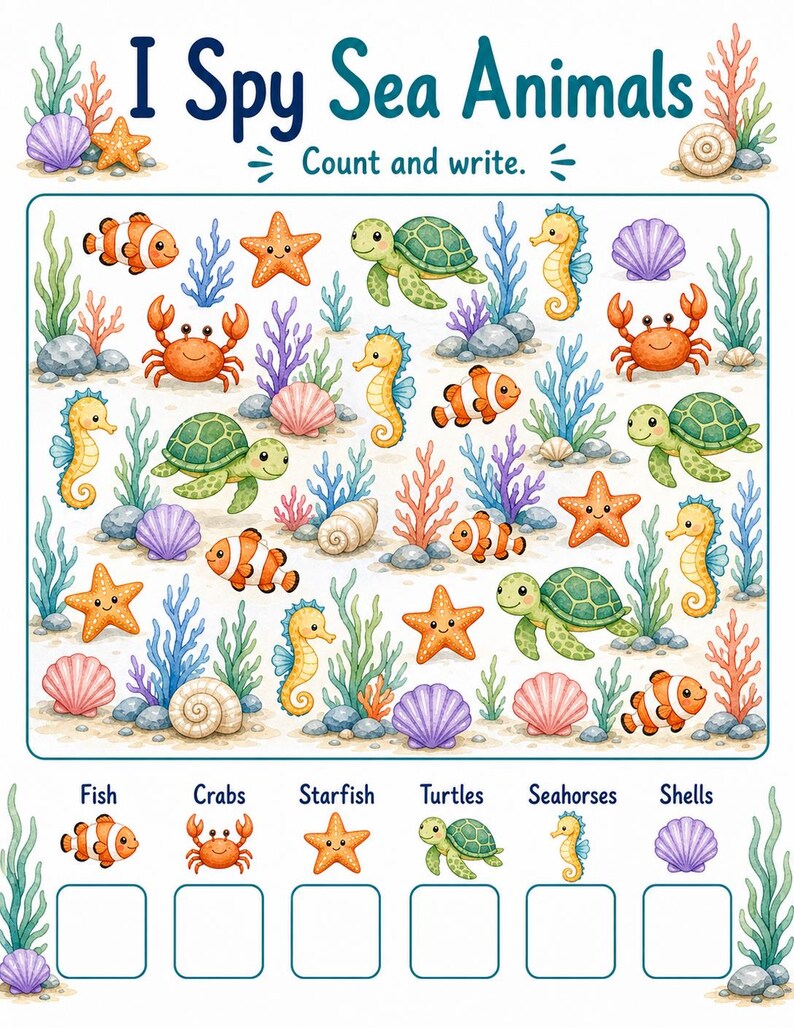 Coral I Spy Count / Schede di lavoro I Spy / PDF stampabile / Download digitale immagine 3