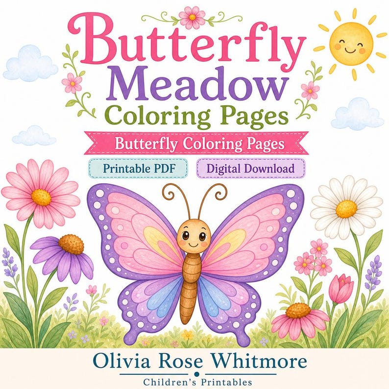 Butterfly Meadow Coloring Pages | Butterfly Coloring Pages | Printable PDF | Digital Download image 1