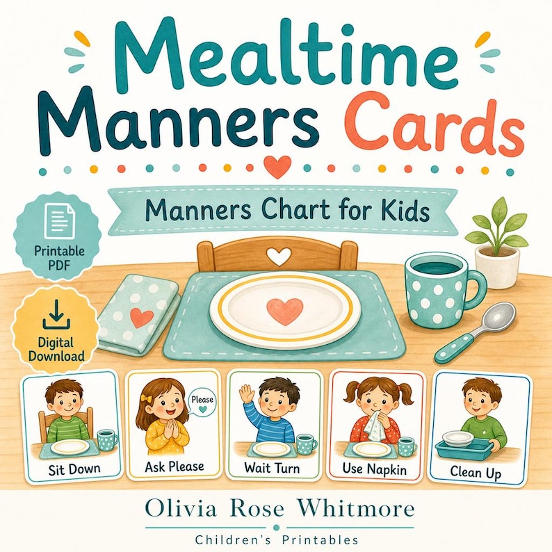 Mealtime Manners Cards | Manners Chart for Kids | Printable PDF | Digital Download image 1