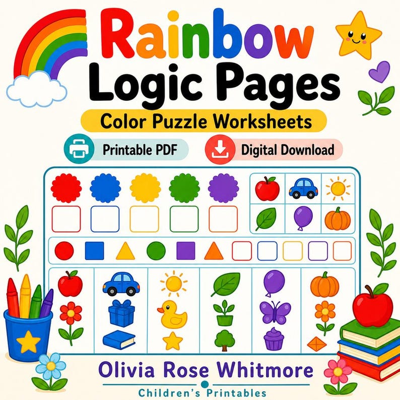 Rainbow Logic Pages | Color Puzzle Worksheets | Printable PDF | Digital Download image 1