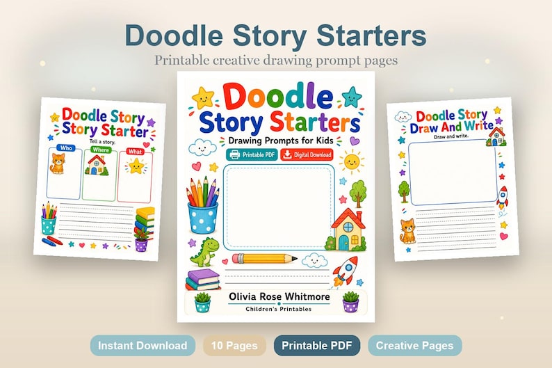 Doodle Story Starters | Drawing Prompts for Kids | Printable PDF | Digital Download image 2