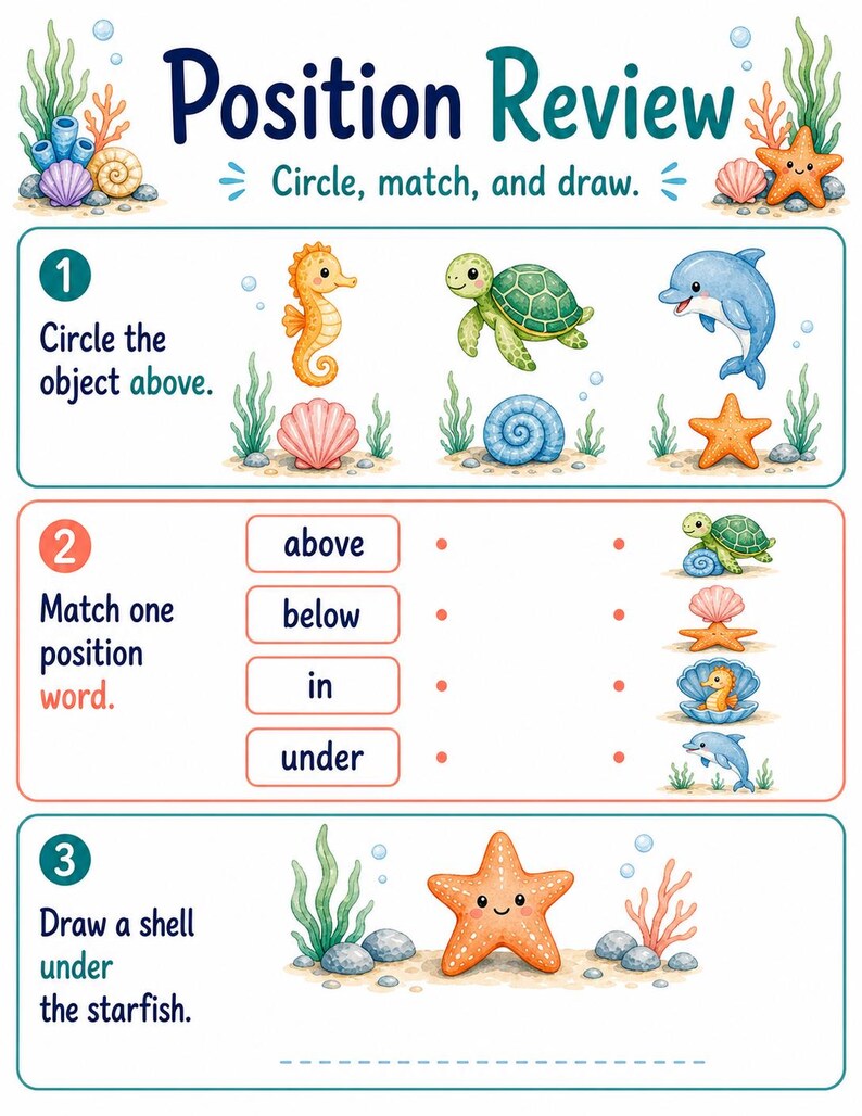 Seahorse Position Words | Position Worksheets | Printable PDF | Digital Download image 7
