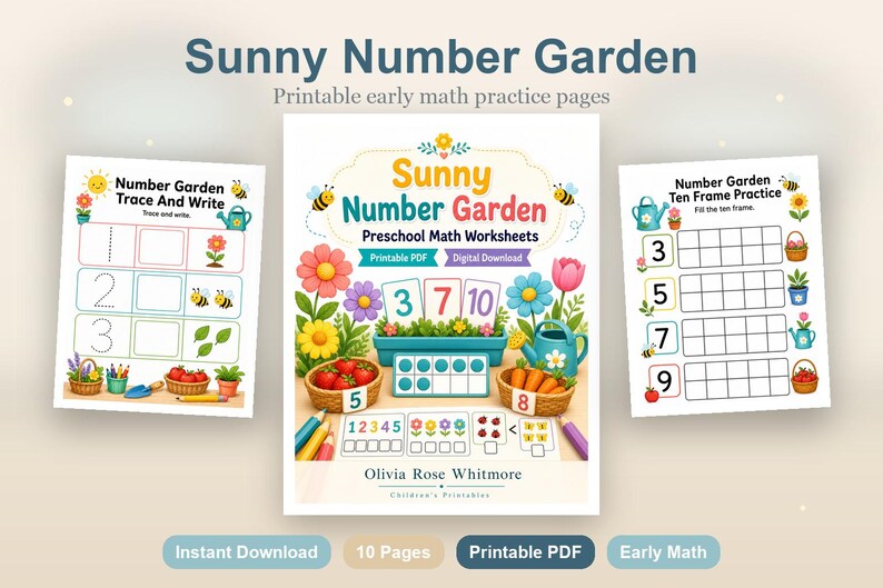 Sunny Number Garden | Preschool Math Worksheets | Printable PDF | Digital Download image 2