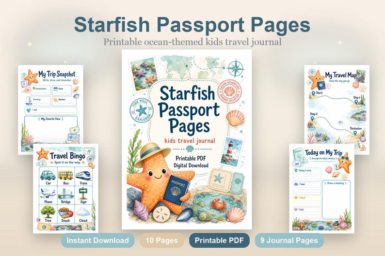 Starfish Passport Pages | kids travel journal | Printable PDF | Digital Download image 2