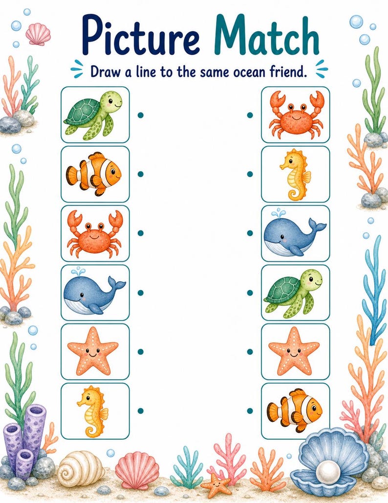 サンゴ礁の絵合わせ | 海洋生物のマッチングアクティビティ | 印刷可能なPDF | デジタルダウンロード 画像 3